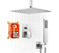 VEVOR Sistema Doccia a Pioggia per Bagno con Soffione Quadrato 305 mm e Doccetta, Set di Rubinetti da Doccia a Soffitto, con Valvola in Ottone e Kit di Finitura, Rubinetto Doccia, Nichel Spazzolato