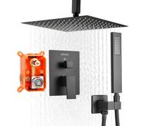 VEVOR Sistema Doccia a Pioggia per Bagno con Soffione Quadrato 305 mm e Doccetta, Set di Rubinetti da Doccia a Soffitto, con Valvola in Ottone e Kit di Finitura, Rubinetto Doccia, Nero Opaco