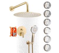 VEVOR Sistema Doccia a Pioggia per Bagno con Soffione Tondo 254 mm e Doccetta, Set di Rubinetti da Doccia a Parete, con Valvola in Ottone e Kit di Finitura, Rubinetto Doccia, Oro Spazzolato