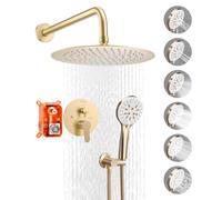 VEVOR Sistema Doccia a Pioggia per Bagno con Soffione Tondo 254 mm e Doccetta, Set di Rubinetti da Doccia a Parete, con Valvola in Ottone e Kit di Finitura, Rubinetto Doccia, Oro Spazzolato