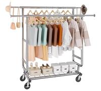 VEVOR Stand Appendiabiti a Rotelle Capacità Carico Statica Max. 272kg con Asta Laterale Piano Inferiore per Camera da Letto Soggiorno, Appendiabiti 4 Ruote Lunghezza 1282-1914 mm Altezza 1443-1867 mm