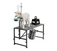 VEVOR Supporto per Mungitura Capre, Piattaforma Metallica 1195 x 584 mm con Mangiatoia, Testiera Regolabile e Cestino Porta Attrezzi, Colore Nero, per Cura di Bestiame Animali da Fattoria Tosatura
