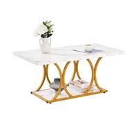 VEVOR Tavolino da Caffè in Effetto Marmo 100 x 55 x 45 cm, Tavolino Rettangolare a 2 Livelli con Struttura in Metallo e Gambe Geometriche e Carico di 95 kg, Tavolo da Soggiorno Minimalista Bianco