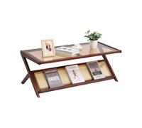 VEVOR tavolino in rattan Tavolino a Z in rattan di bambù intrecciato con piano in vetro temperato, 120 cm Tavolino moderno boho con spazio per riporre oggetti e gambe in legno naturale Soggiorno