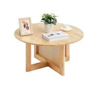 VEVOR Tavolino Rotondo da 85 cm, Tavolo da Salotto in Rattan Intrecciato, con Piano in Legno della Gomma, Mobile Contenitore Moderno Tavolino 85 cm, con Gambe in Legno Naturale, per Camera da Letto