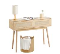 VEVOR Tavolo Consolle in Rattan con 2 Cassetti Portaoggetti, Tavolo Ingresso con Porta Scorrevole in Rattan Naturale, Tavolo Consolle Divano per Soggiorno, Studio, Ingresso o Parete TV, Naturale