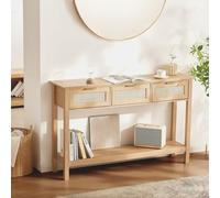 VEVOR Tavolo Consolle in Rattan con 3 Cassetti Portaoggetti, Tavolo Ingresso in Rattan con Porta Scorrevole in Rattan Naturale, Tavolo Consolle Divano per Soggiorno, Ingresso o Parete TV, Naturale