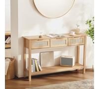 VEVOR Tavolo Consolle in Rattan con 3 Cassetti Portaoggetti, Tavolo Ingresso in Rattan con Porta Scorrevole in Rattan Naturale, Tavolo Consolle Divano per Soggiorno, Ingresso o Parete TV, Naturale