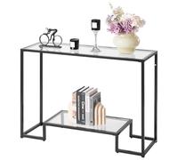 VEVOR Tavolo Consolle in Vetro a 2 Livelli 107 x 35,4 x 75,5 cm Moderno Tavolino Rettangolare con Piano in Vetro Temperato e Gambe in Ferro, Dispositivo Antiribaltamento per Soggiorno, Ingresso, Nero
