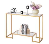 VEVOR Tavolo Consolle in Vetro a 2 Livelli 107 x 35,4 x 75,5 cm Moderno Tavolino Rettangolare con Piano in Vetro Temperato, Gambe in Ferro, Dispositivo Antiribaltamento per Soggiorno, Ingresso, Dorato