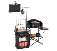 VEVOR Tavolo da Cucina da Campeggio all'Aperto, Stazione di Cottura Portatile in Alluminio con Armadio Portaoggetti, Borsa per Trasporto, Parabrezza Staccabile, per Barbecue, Festa, Picnic, Nero