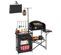 VEVOR Tavolo da Cucina da Campeggio all'Aperto, Stazione di Cottura Portatile in Alluminio con Armadio Portaoggetti, Borsa per Trasporto, Parabrezza Staccabile, per Barbecue, Festa, Picnic, Nero