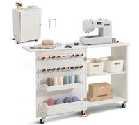 VEVOR Tavolo da Cucito Pieghevole, Tavolo Multiuso per Macchina da Cucire Compatto a Rotelle, Mobiletto da Cucito Ripiani Portaoggetti, Pioli in Legno Ante Magnetiche, Carico max. 40 kg, Bianco