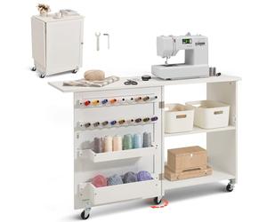 VEVOR Tavolo da Cucito Pieghevole, Tavolo Multiuso per Macchina da Cucire Compatto a Rotelle, Mobiletto da Cucito Ripiani Portaoggetti, Pioli in Legno Ante Magnetiche, Carico max. 40 kg, Bianco