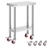 VEVOR Tavolo da Lavoro Banco Lavoro Cucina Commerciale in Acciaio Inox con 4 Ruote Regolabile, Tavolo Piano Doppio 61x30x86cm Acciaio Inox Altezza Regolabile con Ruote Blocco, Banco Lavoro da Cucina