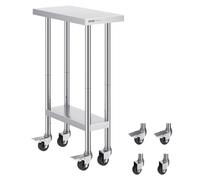 VEVOR Tavolo da Lavoro in Acciaio Inossidabile 610 x 350 x 954 mm, con 4 Ruote, 3 Livelli di Altezza Regolabili, Tavolo Resistente per Preparazione Alimenti Ristoranti Cucina Commerciale, Argento