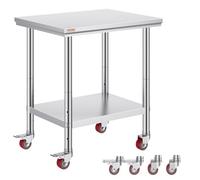 VEVOR Tavolo da Lavoro in Acciaio Inossidabile 76 x 60 x 85 cm, con 4 ruote, banco da lavoro commerciale per la preparazione degli alimenti con ripiano flessibile di regolazione per tavolo da cucina