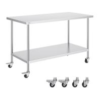 VEVOR Tavolo da Lavoro in Acciaio Inossidabile 762 x 1524 x 954 mm, con 4 Ruote, 3 Livelli di Altezza Regolabili, Tavolo Resistente per Preparazione Alimenti Ristoranti Cucina Commerciale, Argento