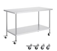 VEVOR Tavolo da Lavoro in Acciaio Inossidabile 762 x 1524 x 954 mm, con 4 Ruote, 3 Livelli di Altezza Regolabili, Tavolo Resistente per Preparazione Alimenti Ristoranti Cucina Commerciale, Argento