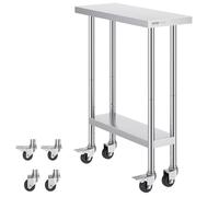 VEVOR Tavolo da Lavoro in Acciaio Inossidabile 762 x 305 x 954 mm, con 4 Ruote, 3 Livelli di Altezza Regolabili, Tavolo Resistente per Preparazione Alimenti Ristoranti Cucina Commerciale, Argento
