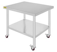 VEVOR Tavolo da Lavoro in Acciaio Inox Piano di Lavoro per Cucina 90x76x82cm, Piano di Lavoro da Cucina Hotel Ristorante Commerciale 4 Ruote per Preparazione di Alimenti, Tavolo di Lavoro Piano Doppio