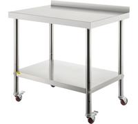 VEVOR Tavolo da Lavoro per Cucina di Preparazione Alimenti in Acciaio Inox 4 Ruote Alzatina 5cm, Piano da Lavoro Ripiano Doppio 91,4x61x89cm con Ruote e Alzatina Capacità Carico 200kg, metallico