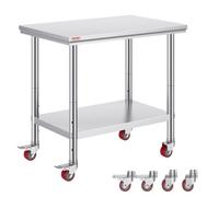 VEVOR Tavolo di Lavoro Banco Lavoro Cucina Commerciale in Acciaio Inox con 4 Ruote Regolabile, Tavolo Piano Doppio 90x60x82cm Acciaio Inox Altezza Regolabile con Ruote Blocco, Banco Lavoro da Cucina