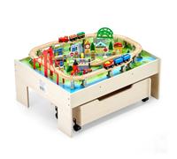 VEVOR Tavolo Ferroviario con Treni Binari Giocattolo, 100 PZ Multicolore in Legno, Set Trenini in Legno con Cassetto Portaoggetti con Ruote per Giocare, Disegnare, Set Giocattoli Creativi per Bambini