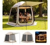 VEVOR Tenda da Campeggio Trasparente con Finestra 3030 x 2650 x 2300 mm per 4-8 Persone con Tendalino Esteso, con Borsa per il Trasporto, Lati in Rete, per Patio e Attività all'Aperto, Beige