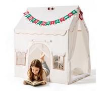 VEVOR Tenda da Gioco per Bambini 2 in 1 con Telaio in Legno Colore Beige, con Tappetino Imbottito, Ideale per Compleanni Uso Interno ed Esterni, Angolo Lettura, con Luci a Stelle, Pompon e Finestra