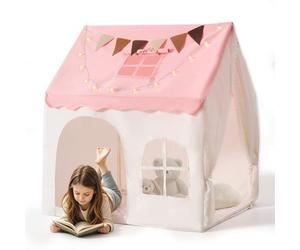 VEVOR Tenda da Gioco per Bambini con Struttura in PVC e Tappetino Imbottito, Colore Rosa, per Interni ed Esterni, con Luci a Forma di Stelle, Borsa per il Trasporto, Bandierina e Finestra Traspirante
