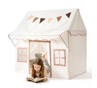 VEVOR Tenda da Gioco per Bambini con Tettoia 2 in 1 con Tappetino Imbottito | di Colore Beige, a Forma di Casetta, con Luci a Stelle, Borsa per il Trasporto, Bandiera, 2 Porte e 2 Finestre Traspiranti