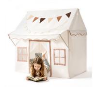 VEVOR Tenda da Gioco per Bambini con Tettoia 2 in 1 con Tappetino Imbottito, di Colore Beige, a Forma di Casetta, con Luci a Stelle, Borsa per il Trasporto, Bandiera, 2 Porte e 2 Finestre Traspiranti