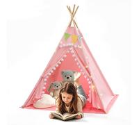 VEVOR Tenda da Gioco per Bambini Telaio in Legno di Pino a Forma di Teepee, in Tela di Cotone Rosa, con Tappetino Imbottito Luci a Stella Borsa per il Trasporto Bandiera Finestra Traspirante e Pompon