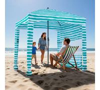 VEVOR Tenda da Spiaggia da 1830 x 1830 x 2290 mm, con Parete Laterale e Tasche per la Sabbia, Ombrellone Parasole Portatile Regolabile in Altezza per Famiglia e Amici, Verde con Striature Bianche
