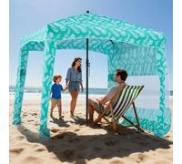 VEVOR Tenda da Spiaggia da 1830 x 1830 x 2290 mm, con Parete Laterale e Tasche per la Sabbia, Ombrellone Parasole Portatile Regolabile in Altezza per Famiglia e Amici, Verde Chiaro con Motivi