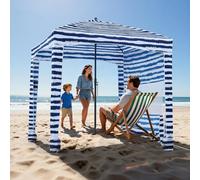 VEVOR Tenda da Spiaggia da 1830 x 1830 x 2290 mm, con Parete Laterale e Tasche per la Sabbia, Ombrellone Parasole Portatile Regolabile in Altezza per Famiglia e Amici, Blu con Striature Bianche