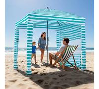 VEVOR Tenda da Spiaggia da 1830 x 1830 x 2290 mm, con Parete Laterale e Tasche per la Sabbia, Ombrellone Parasole Portatile Regolabile in Altezza per Famiglia e Amici, Verde con Striature Bianche