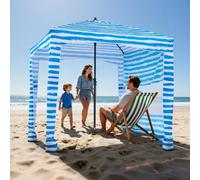 VEVOR Tenda da Spiaggia da 1830 x 1830 x 2290 mm, con Parete Laterale e Tasche per la Sabbia, Ombrellone Parasole Portatile Regolabile in Altezza per Famiglia e Amici, Blu Chiaro Striature Bianche