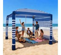 VEVOR Tenda da Spiaggia per Esterno 2438 x 2438 mm con Parete Laterale, Facile da Montare con Tasche per la Sabbia, Ombrellone Parasole Portatile Regolabile in Altezza, Striato Blu Scuro e Bianco