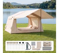 VEVOR Tenda Gonfiabile per Campeggio da 2 a 4 Persone con Pompa Manuale, Ideale per Glamping in Famiglia, in Tessuto Oxford 420D Impermeabile, con Lucernario Tettoia Presa per Stufa Finestre in Rete