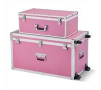 VEVOR Valigia Portaoggetti in Alluminio, Set da 2, Scatola in Legno con Lucchetto, Grande Cassa con Rotelle e 3 Maniglie, Contenitore Decorativo Rosa con Coperchio per Strumenti Viaggi e Dormitori