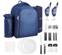 VEVOR Zaino da Picnic per 2 Persone, Capacità di 20 L Borsa da Picnic da Spiaggia con Portabottiglie Vino Staccabile, Coperta Leggera, Piatti e Posate per Escursionismo, Campeggio, Blu Marino