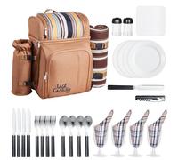 VEVOR Zaino da Picnic per 4 Persone, Capacità di 25 L Borsa da Picnic da Spiaggia con Portabottiglie Vino Staccabile, Coperta Leggera, Piatti e Set di Posate per Escursionismo e Campeggio, Marrone
