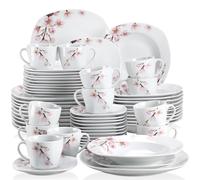 VEWEET ANNIE Set di piatti in porcellana floreale rosa da 60 pezzi in ceramica bianca con piatto da dessert per zuppa, tazze, piattini per 12 persone