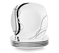 VEWEET Servizio di Piatti Piani 24,7 x 2,2 cm in Porcellana Set di 6 Piatti Moderni da Pasta, Bistecca Piatti Quadrati con Linee Nere e Argento Serie FIONA, Microonde e Lavastoviglie Possibile