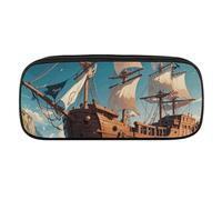 VFKLT Astuccio portamatite portatile con nave pirata nordica, astuccio per penne, matite, trucchi, cosmetici, per donne e uomini, Nero , Taglia unica, Astuccio portamatite