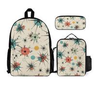 VFKLT Atomic Stars Zaino con motivo retrò con portapranzo e astuccio, set da 3 pezzi, borsa da viaggio, zaino casual per laptop, bianco, taglia unica, zaini da viaggio, bianco, Taglia unica, Zaini da