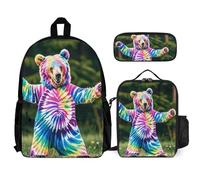 VFKLT Bear Dancing - Zaino tie dye con portapranzo e astuccio, set da 3 pezzi, borsa da viaggio, zaino casual per laptop, bianco, taglia unica, zaini da viaggio, bianco, Taglia unica, Zaino da viaggio