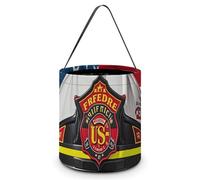 VFKLT Borsa portatile per caramelle di Halloween con manico a righe rosse vigile del fuoco bandiera USA stampata secchio pieghevole forniture per Natale decorazione della stanza di nozze, Bandiera Usa